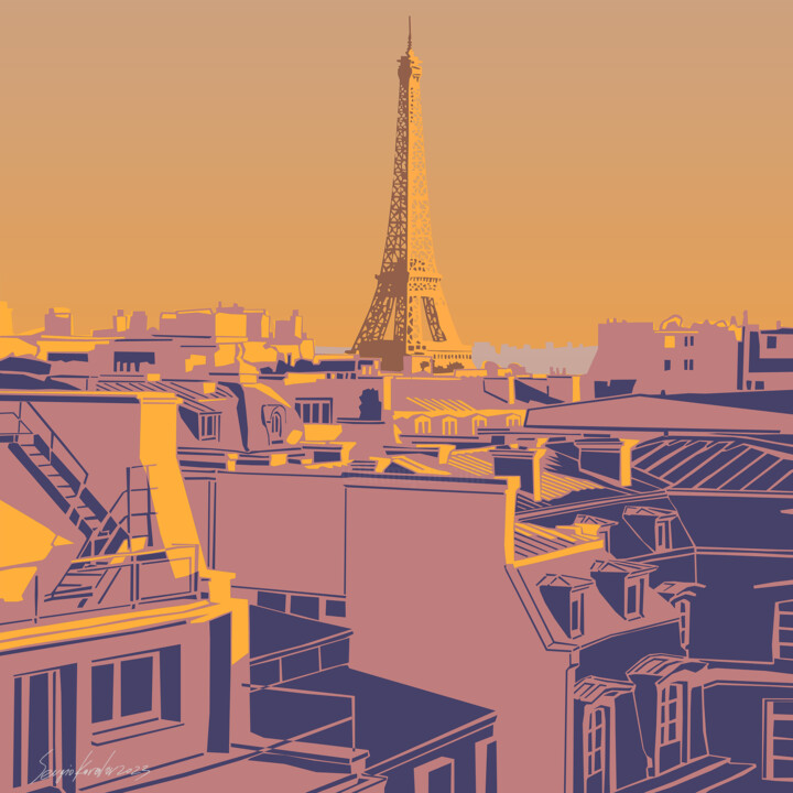 Arts numériques intitulée "Sunset in Paris" par Sergio Kovalov, Œuvre d'art originale, Travail numérique 2D
