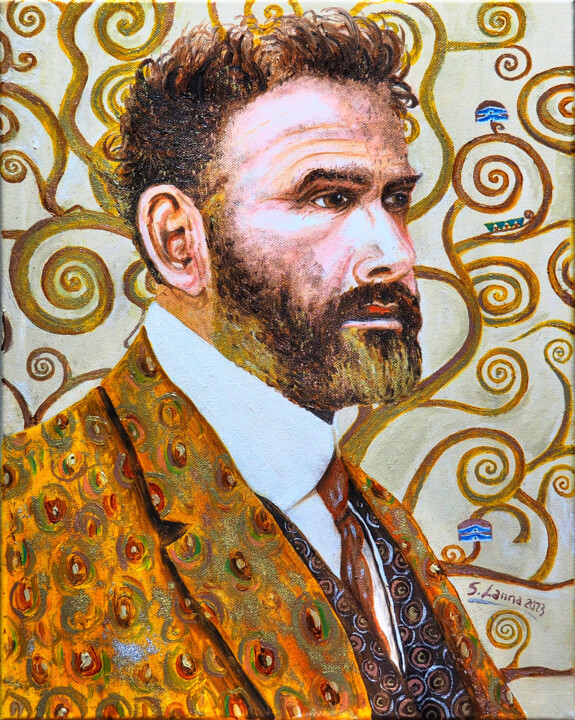 Painting titled "Klimt portrait" by Sergio Lanna (Sir Joe), Original Artwork, Oil Mounted on Wood Stretcher frame