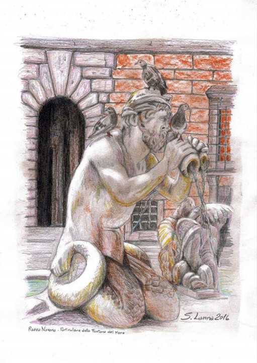 Painting titled "Fontana del Moro (P…" by Sergio Lanna (Sir Joe), Original Artwork, Conté