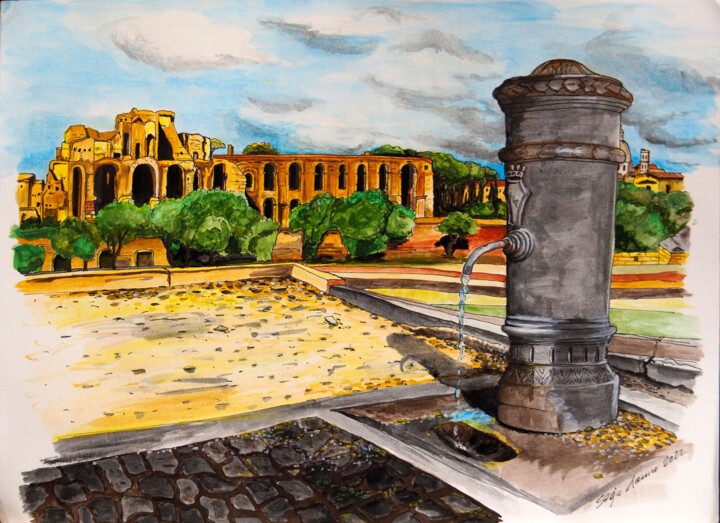 Pittura intitolato "L'acqua di Roma" da Sergio Lanna (Sir Joe), Opera d'arte originale, Acquarello
