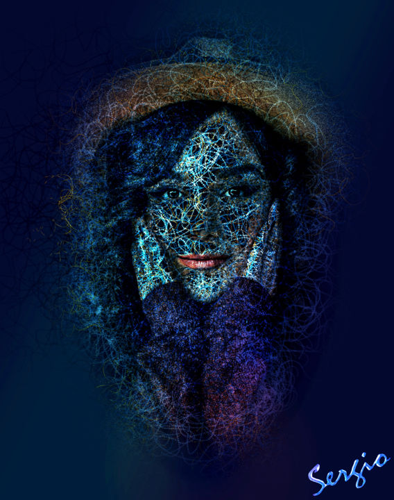 Digitale Kunst mit dem Titel "Femme au chapeau" von Sergio, Original-Kunstwerk, Digitale Malerei