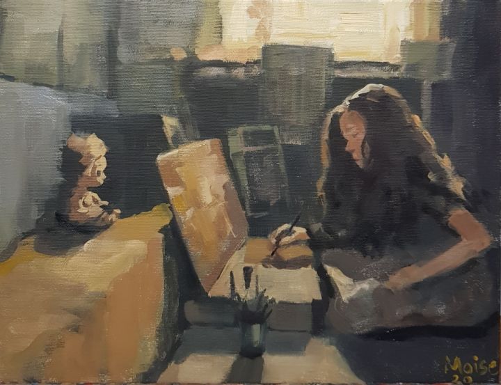 Painting titled "Artist atelier" by Sergiu Moise, Original Artwork, Oil Mounted on Wood Stretcher frame