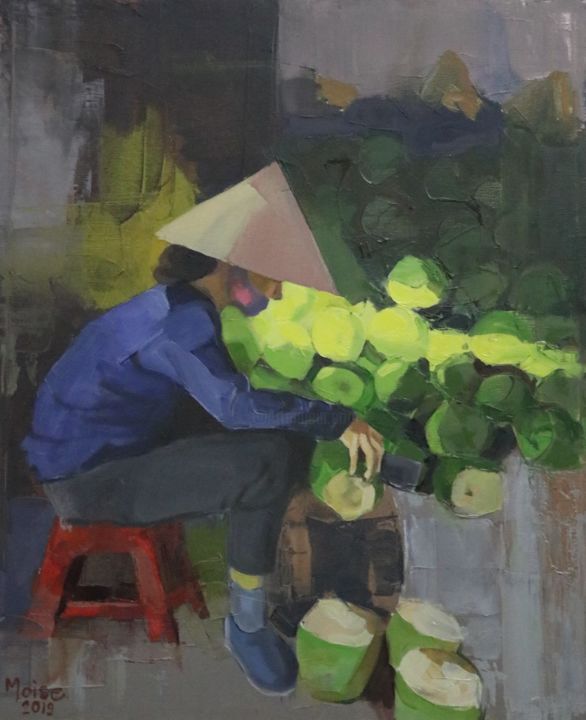 Painting titled "Vietnam coconut shop" by Sergiu Moise, Original Artwork, Oil Mounted on Wood Stretcher frame