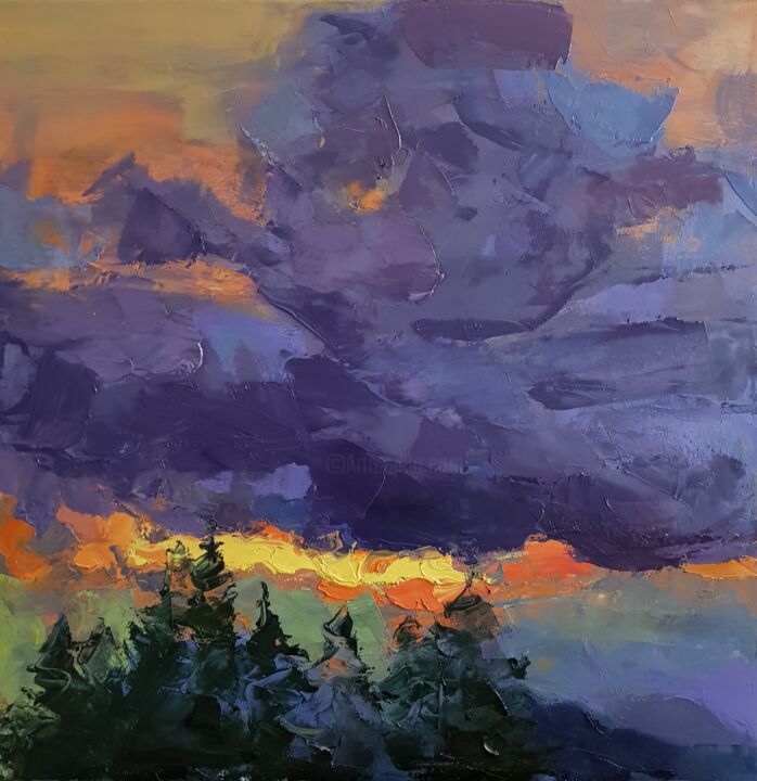 Pintura titulada "Sunset over the mou…" por Sergiu Moise, Obra de arte original, Oleo Montado en Bastidor de camilla de made…