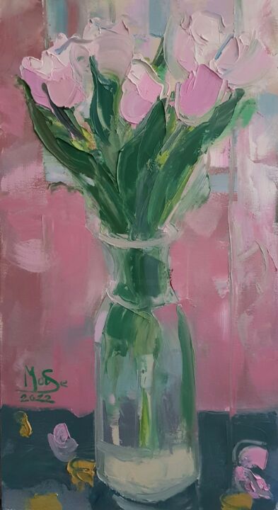 Painting titled "Tulips in a vase" by Sergiu Moise, Original Artwork, Oil Mounted on Wood Stretcher frame