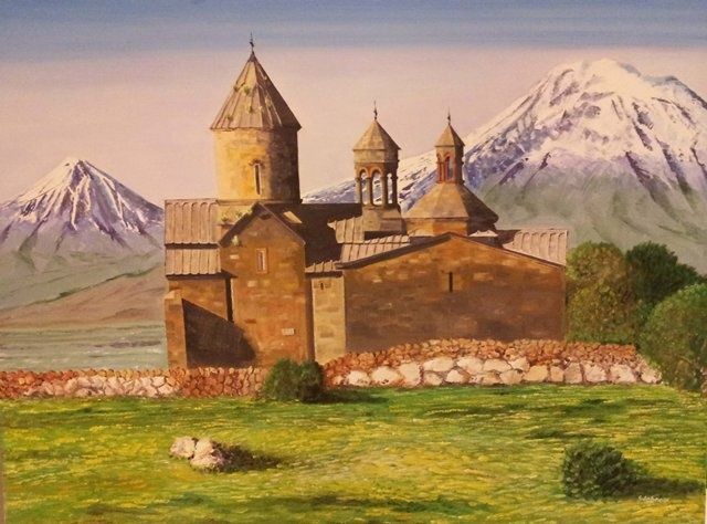 Painting titled "temple en armenie" by Sergius, Original Artwork, Oil