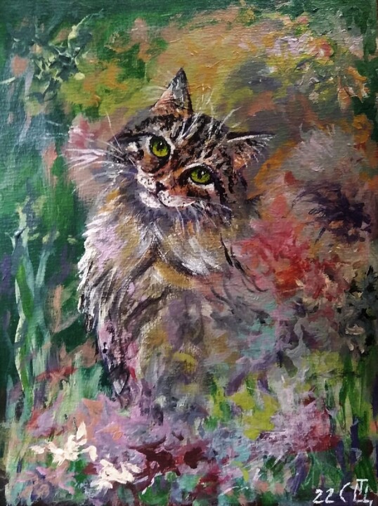Картина под названием "Картина "Кот с зеле…" - Sergiy Tsymbalov, Подлинное произведение искусства, Акрил
