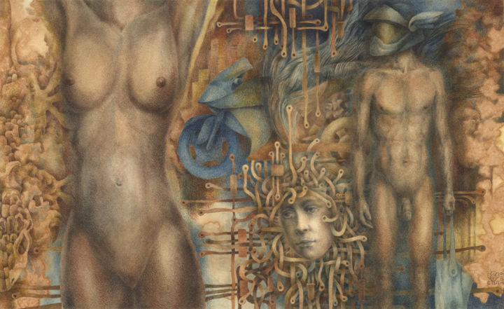 Malerei mit dem Titel "Gorgona the Medusa" von Serg Louki, Original-Kunstwerk, Aquarell