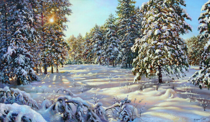 Painting titled "Winter in a Pine Fo…" by Serhii Kapran, Original Artwork, Oil