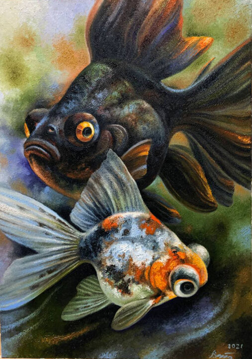 Painting titled "Fish telescopes" by Serhii Voichenko, Original Artwork, Oil