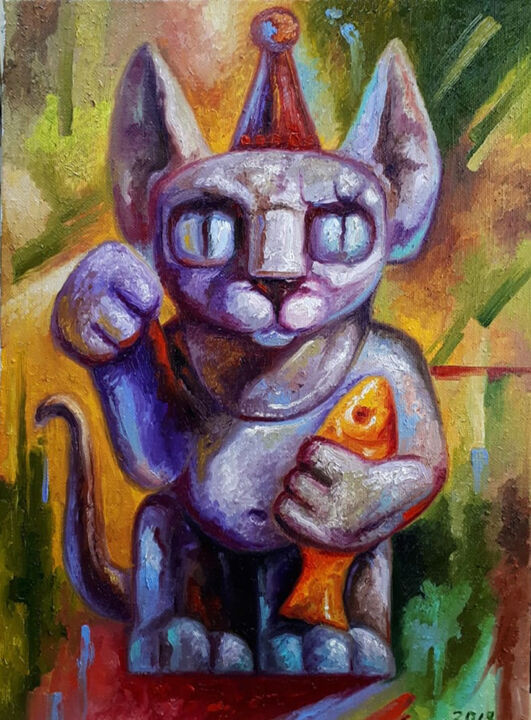 Schilderij getiteld "Mr Cat" door Serhii Voichenko, Origineel Kunstwerk, Olie