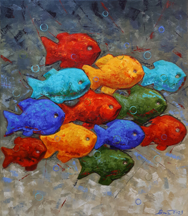 Pittura intitolato "Choose a fish" da Serhii Voichenko, Opera d'arte originale, Olio
