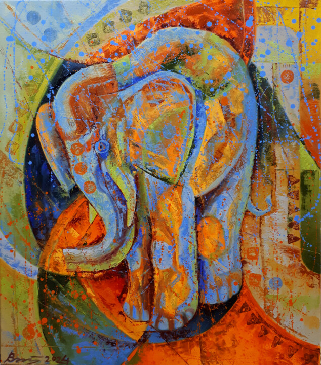 Картина под названием "Blue elephant" - Serhii Voichenko, Подлинное произведение искусства, Масло