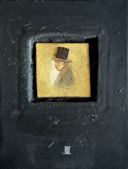 Painting titled "Iron HAT" by Sergii Shkoliar, Original Artwork, Oil Mounted on Other rigid panel