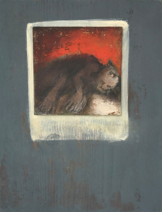 Painting titled "the dream of a bear" by Sergii Shkoliar, Original Artwork, Oil Mounted on Wood Panel