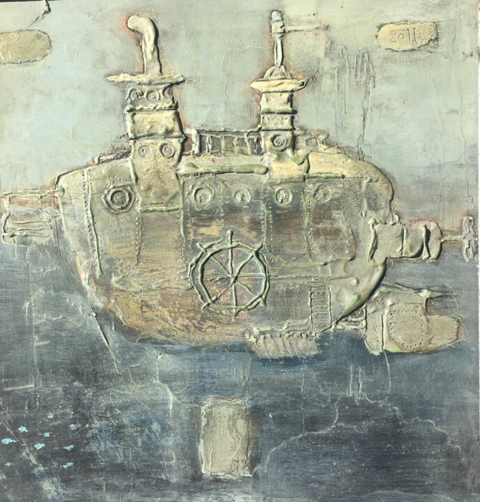 Painting titled "Sub Marine" by Sergii Shkoliar, Original Artwork, Oil Mounted on Wood Panel