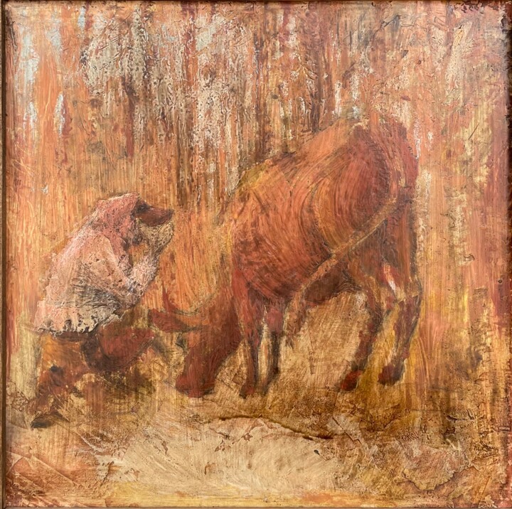 Painting titled "Shepherd" by Sergii Shkoliar, Original Artwork, Oil Mounted on Other rigid panel