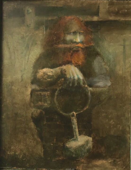 Painting titled "Mjolnir's master" by Sergii Shkoliar, Original Artwork, Oil Mounted on Wood Panel