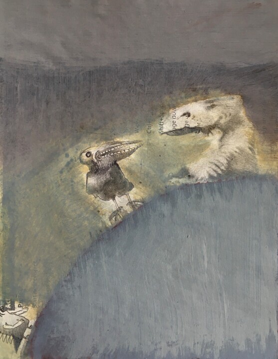 Painting titled "Two birds & Lizard" by Sergii Shkoliar, Original Artwork, Acrylic