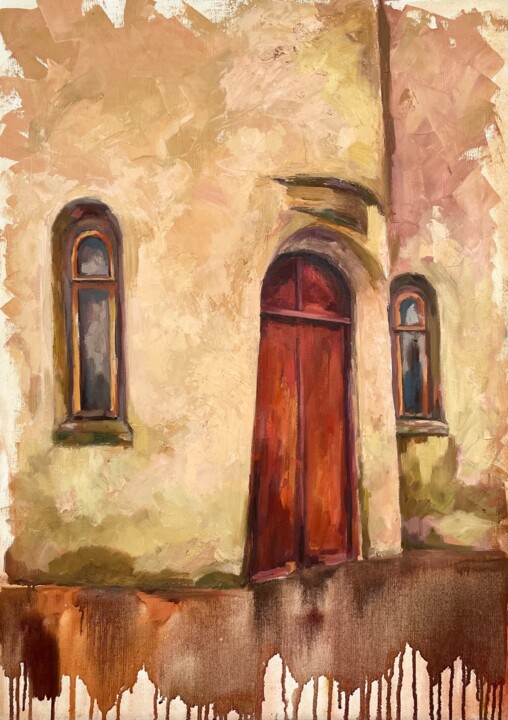 Painting titled ""The Red door"" by Marina Shavyrina-Shkoliar, Original Artwork, Oil Mounted on Wood Stretcher frame