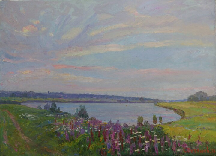 Painting titled "Lake.Wildflowers." by Serhiy Vutyanov, Original Artwork, Oil