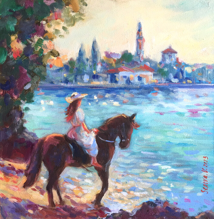 Pittura intitolato "Horsewoman Girl Lan…" da Valerie Serova, Opera d'arte originale, Olio