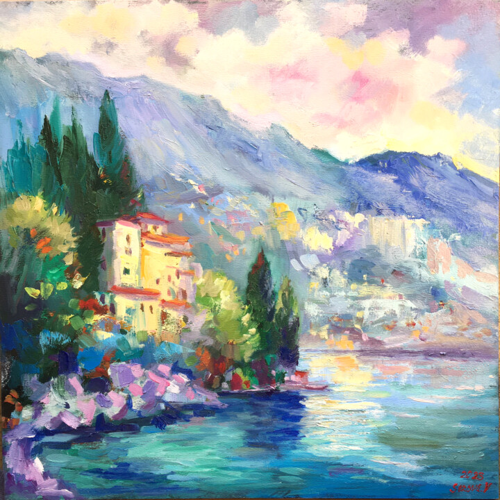 Painting titled "Italy Lake Garda Or…" by Valerie Serova, Original Artwork, Oil