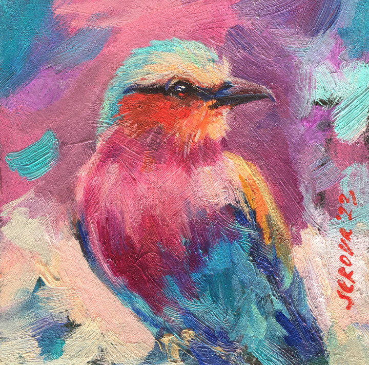 Painting titled "Lilac breasted roll…" by Valerie Serova, Original Artwork, Oil Mounted on Cardboard