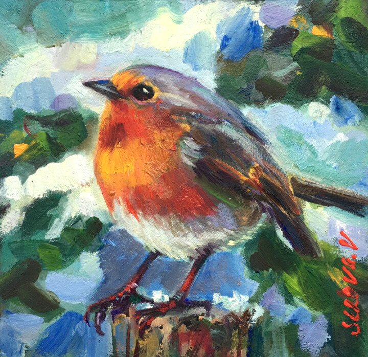 Pintura intitulada "Framed Small Robin…" por Valerie Serova, Obras de arte originais, Óleo Montado em Cartão
