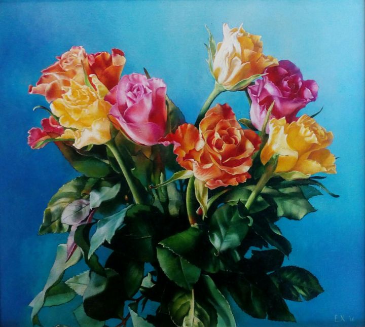 Painting titled "Roses" by Elizaveta Khudyakova, Original Artwork, Oil