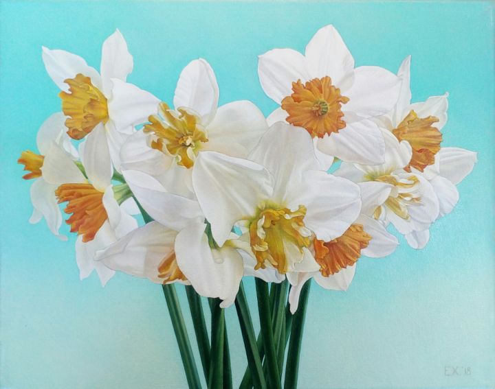 Painting titled "White narcissus" by Elizaveta Khudyakova, Original Artwork, Oil