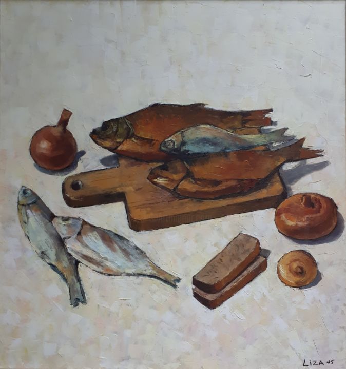 Картина под названием "Fish and onion" - Elizaveta Khudyakova, Подлинное произведение искусства, Масло