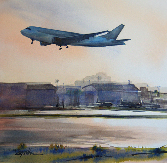 Voir dans une pièce Œuvre d'art: Aviation aquarelle Toulouse Isa Seruch Capouillez