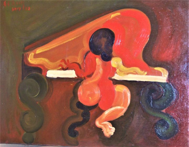 Painting titled "Femme nue jouant du…" by Servin, Original Artwork, Oil