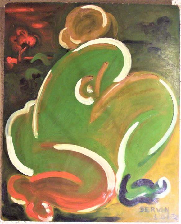Painting titled "Femme nue verte" by Servin, Original Artwork, Oil