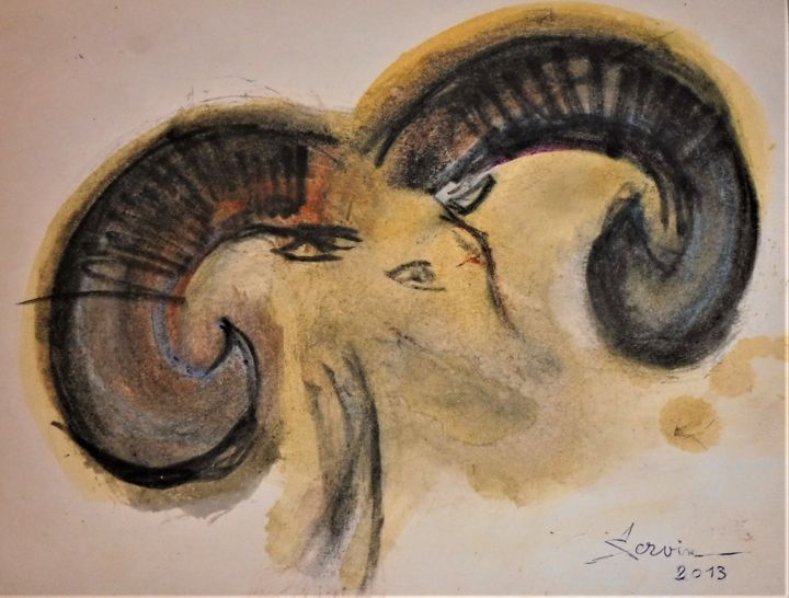 Peinture intitulée "Etude de mouflon n°…" par Servin, Œuvre d'art originale, Pastel