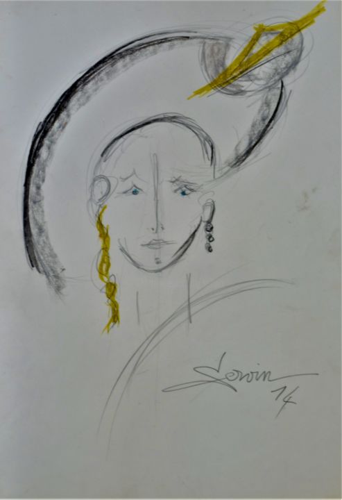 Tekening getiteld "La plume au chapeau" door Servin, Origineel Kunstwerk, Potlood