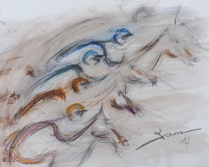 Painting titled "Course de chevaux 5" by Servin, Original Artwork, Pastel