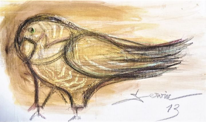 Drawing titled "Oiseau debout dans…" by Servin, Original Artwork, Gouache