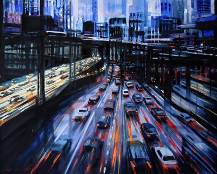 Painting titled "The noir city" by Serghei Ghetiu, Original Art, Oil Mounted on Stretcher frame