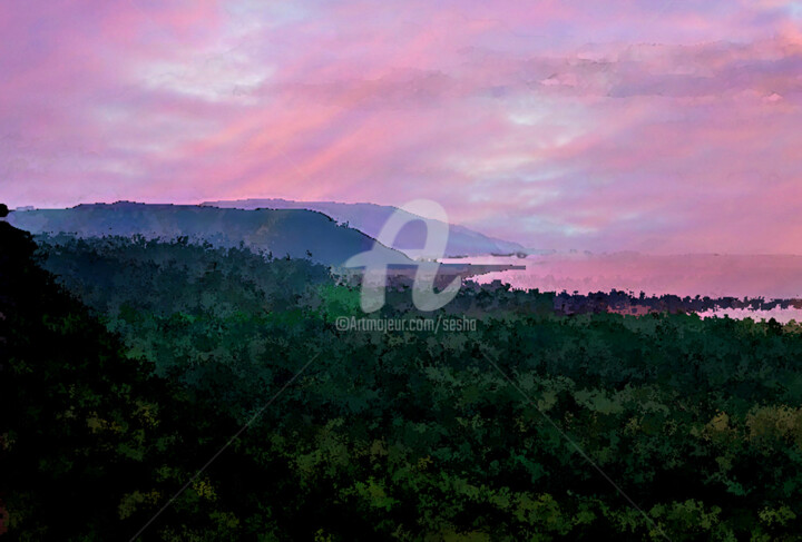 Arte digital titulada "View Over Hills and…" por Sesha, Obra de arte original, Acuarela