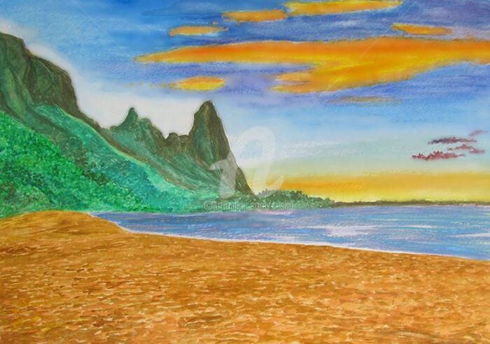 「Evening at the Beach」というタイトルのデジタルアーツ Seshaによって, オリジナルのアートワーク, オイル