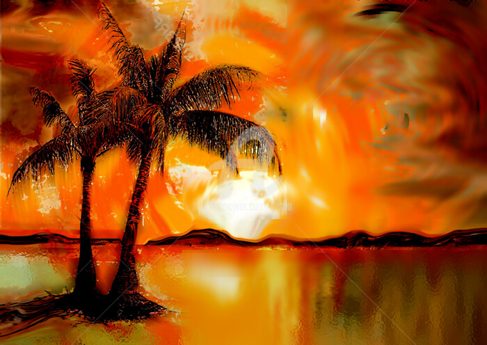 Artes digitais intitulada "Palm Trees and Gold…" por Sesha, Obras de arte originais, Aquarela