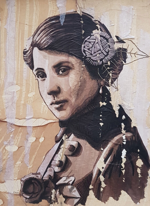 Drawing titled "Héléna" by Settimia Taroux, Original Artwork, Marker Mounted on Cardboard