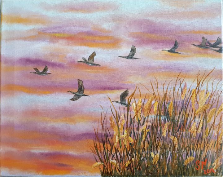 Schilderij getiteld "Flight / Cranes" door Seva Novruz, Origineel Kunstwerk, Olie