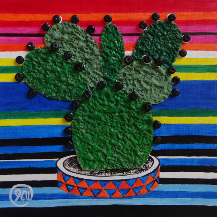 Collagen mit dem Titel "Cactus mexicain 3D…" von Séverine Piques (WOERLY), Original-Kunstwerk, Acryl