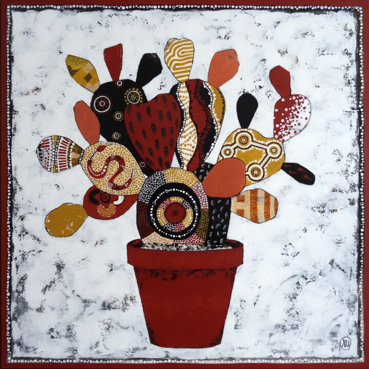 Painting titled "Cactus aborigène1" by Séverine Piques (WOERLY), Original Artwork, Acrylic Mounted on Wood Stretcher frame