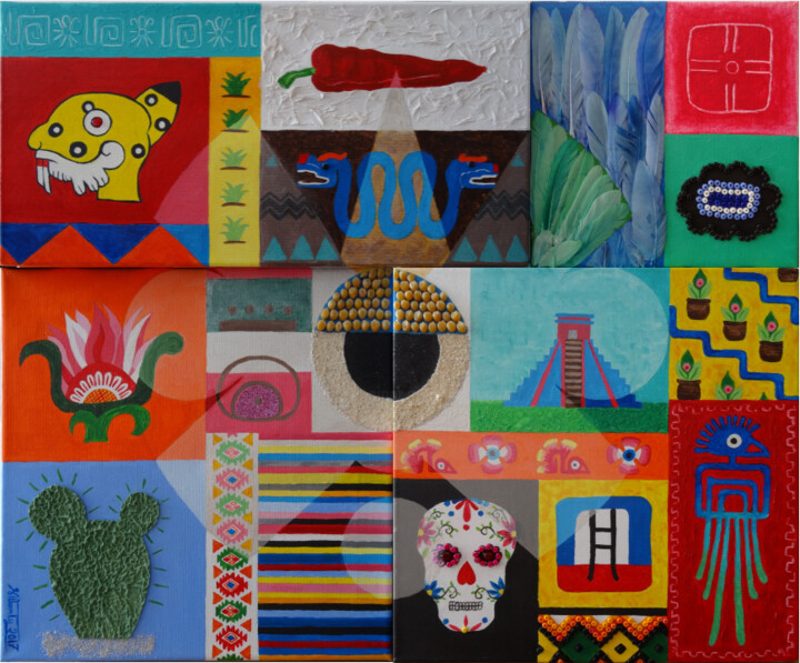 Collages intitulée "Oeil maya" par Séverine Piques (WOERLY), Œuvre d'art originale, Collages Monté sur Châssis en bois