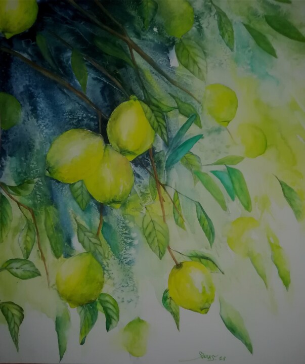 Peinture intitulée "Les petits jaunes" par Severine Soulas, Œuvre d'art originale, Aquarelle
