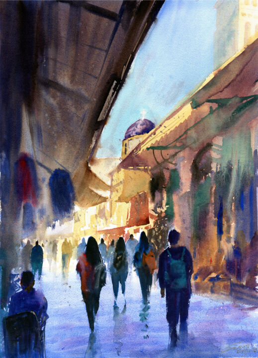 绘画 标题为“Shopping Street, Ol…” 由Severn (Jie Cheng) Wang, 原创艺术品, 水彩